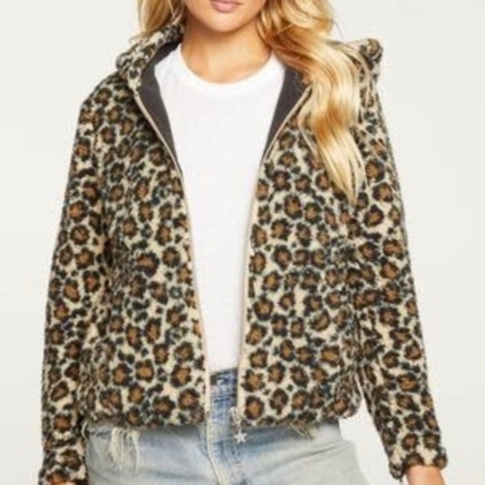 Chaser Animal Print Faux Fur Zip Up Jacket